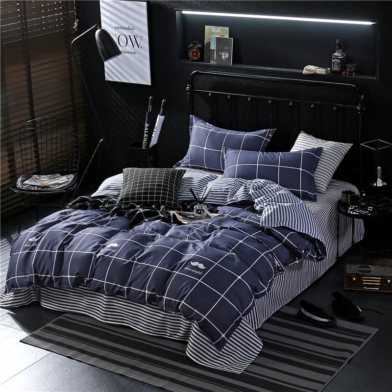Simple Lattice Polyester Bedding Single Twin Blue Striped