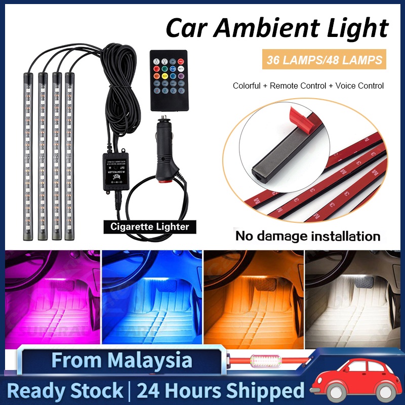 4PCS RGB 9/12 LED Car Led Strip Atmosphere Light Car Interior Atmosphere Decorative Foot Lamp Remote Sound Control 汽车气氛灯