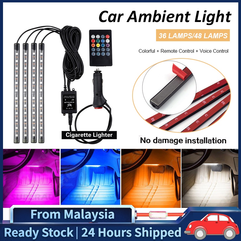 4PCS RGB 9/12 LED Car Led Strip Atmosphere Light Car Interior Atmosphere Decorative Foot Lamp Remote Sound Control 汽车气氛灯