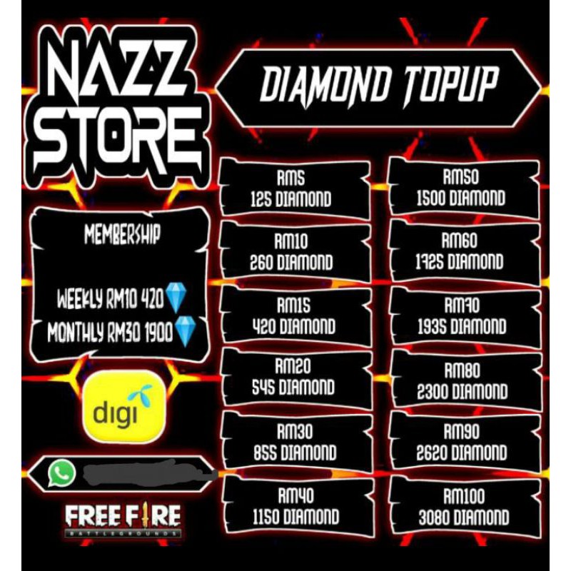Topup Dimond Free Fire Via Digi Shopee Malaysia