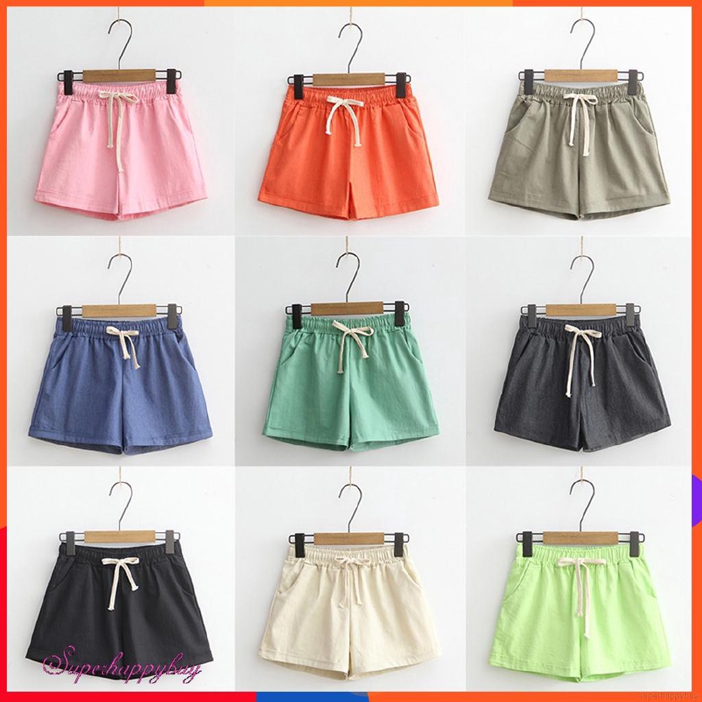 Cotton & Linen Shorts Women's Candy Color Casual Loose Sports Straight ...