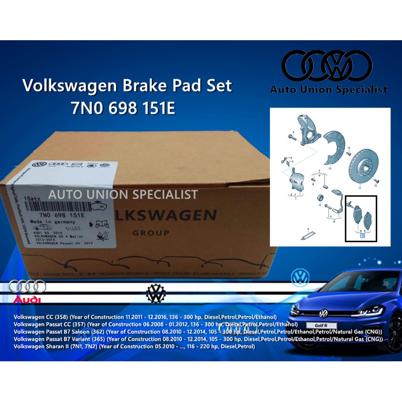 VW Genuine Volkswagen Brake Pad Set 7N0 698 151E -Volkswagen Sharan CC Passat CC  Passat B7