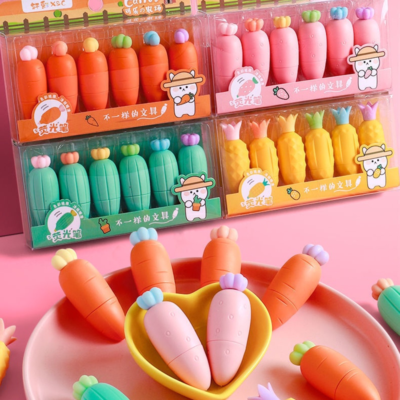 6 Pieces Funny Farm Highlighter Pen Strawberry Pineapple Carrot Cactus