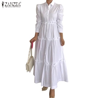Image of ZANZEA Women Puff Sleeve Lapel Collor High Waist Patchwork Pleated Vintage Dress