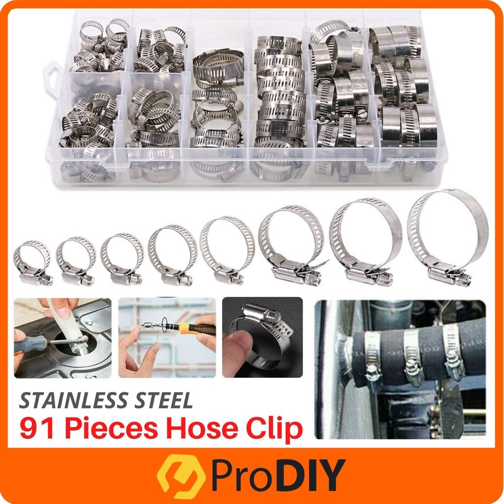 91 Pieces Stainless Steel Hose Clip Clamp Adjustable Hose Hoop Kit Pipe Clips Fastener Kunci Paip