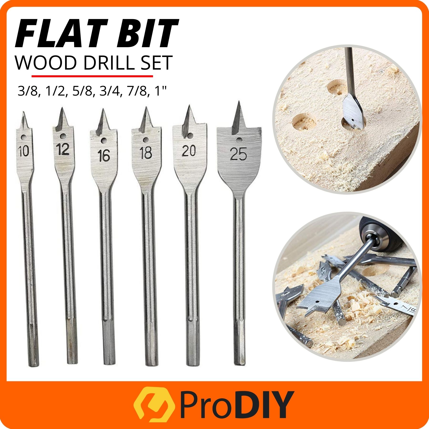6PCS 10mm 12mm 16mm 18mm 20mm 25mm Flat Bit Wood Drill Bit Set Wood