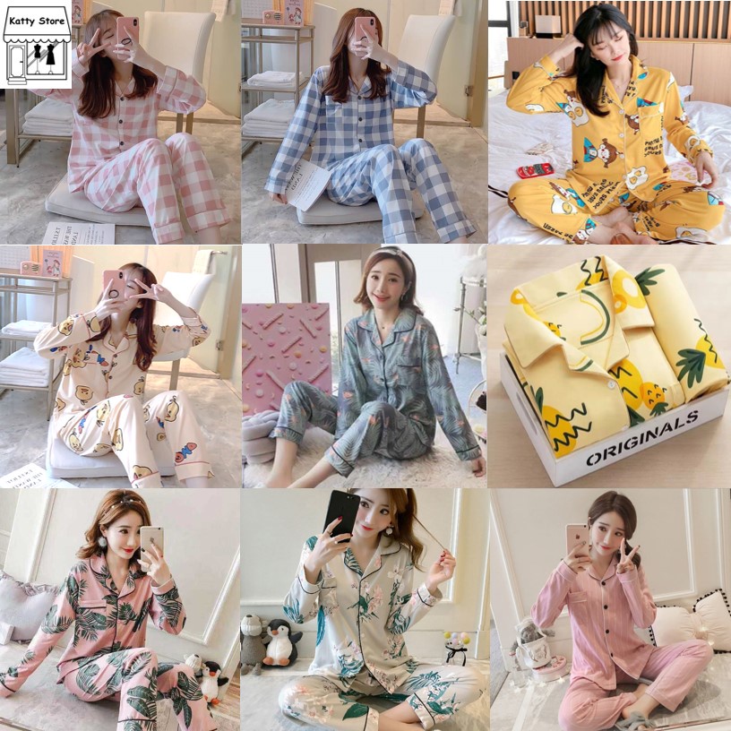 《SHIP IN 1 DAY》M - 3XL Plus Size Cotton Polyster Pyjamas Fabric Long Sleeve Pants Loose Sleepwear Nightwear Baju Tidur