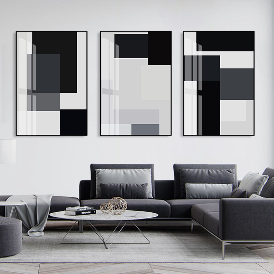 Abstract Black White Block Geometric Canvas Painting Wall Art Poster Prints Pictures For Living Room Home Decoration Interior Unframed Shopee Malaysia