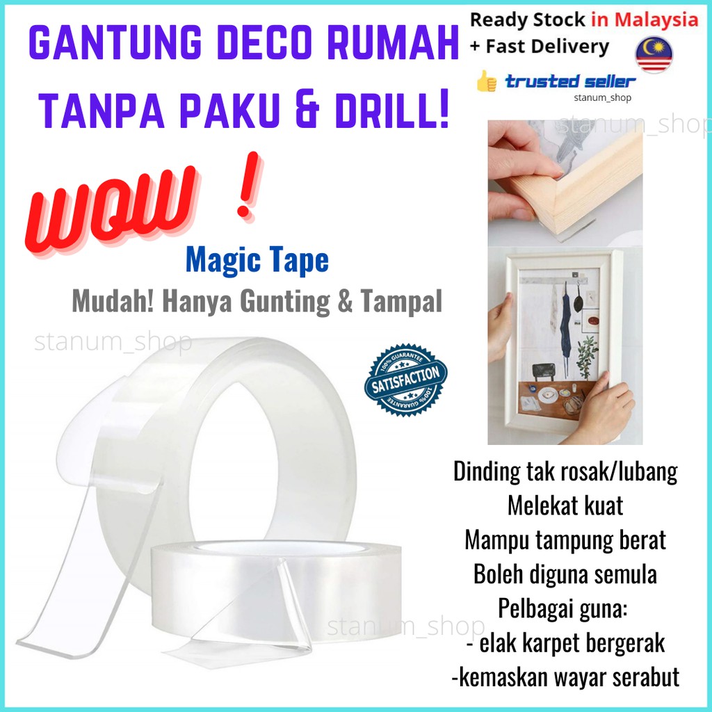Buy Ready Stock Gantung Frame Tanpa Paku Drill Biar Betul Wall Art Decor Magic Tape Nail Glue Nano Seetracker Malaysia