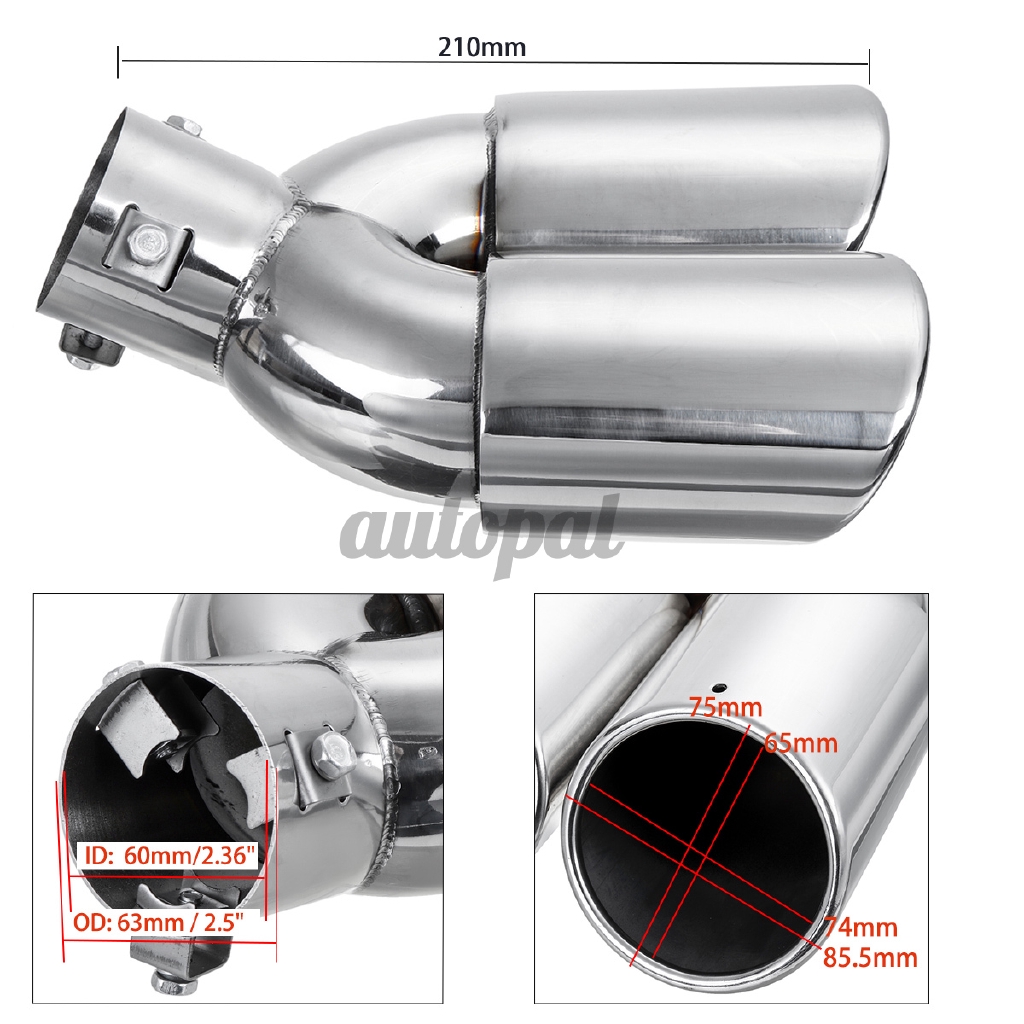 Universal 0483 Car Double Dual Twin Exhaust Tip Trim End Pipe Tail Sport Muffler Stainless Steel Chrome 