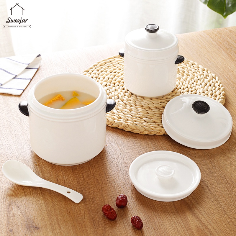 SWEEJAR Ceramic Stew Bowl With Two Lid And Handle For Soup Steamed Egg