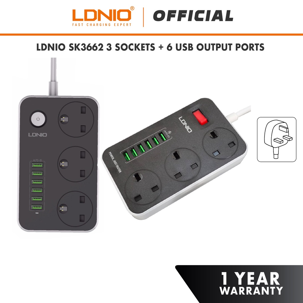 LDNIO SK3662 Power Strip 3 UK Socket with 6 USB Output (3.4A/2m)