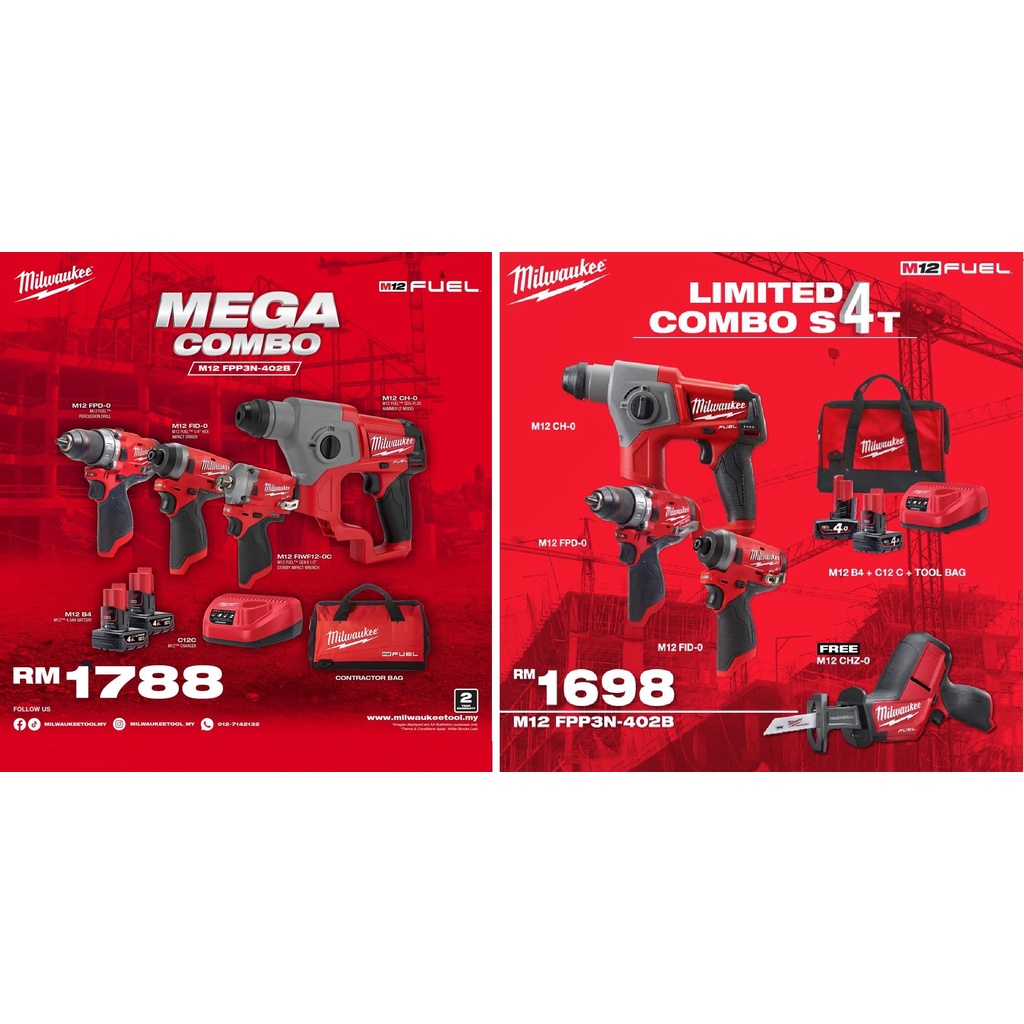 Milwaukee M12 4 Units Cordless Drill & Sawzall Limited Combo Set Model