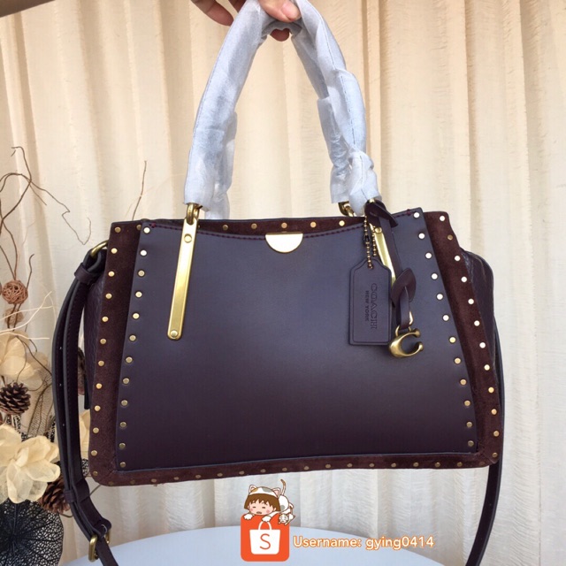 Coach Border Dreamer With Rivets Mixed Leather Satchel Oxblood Bag