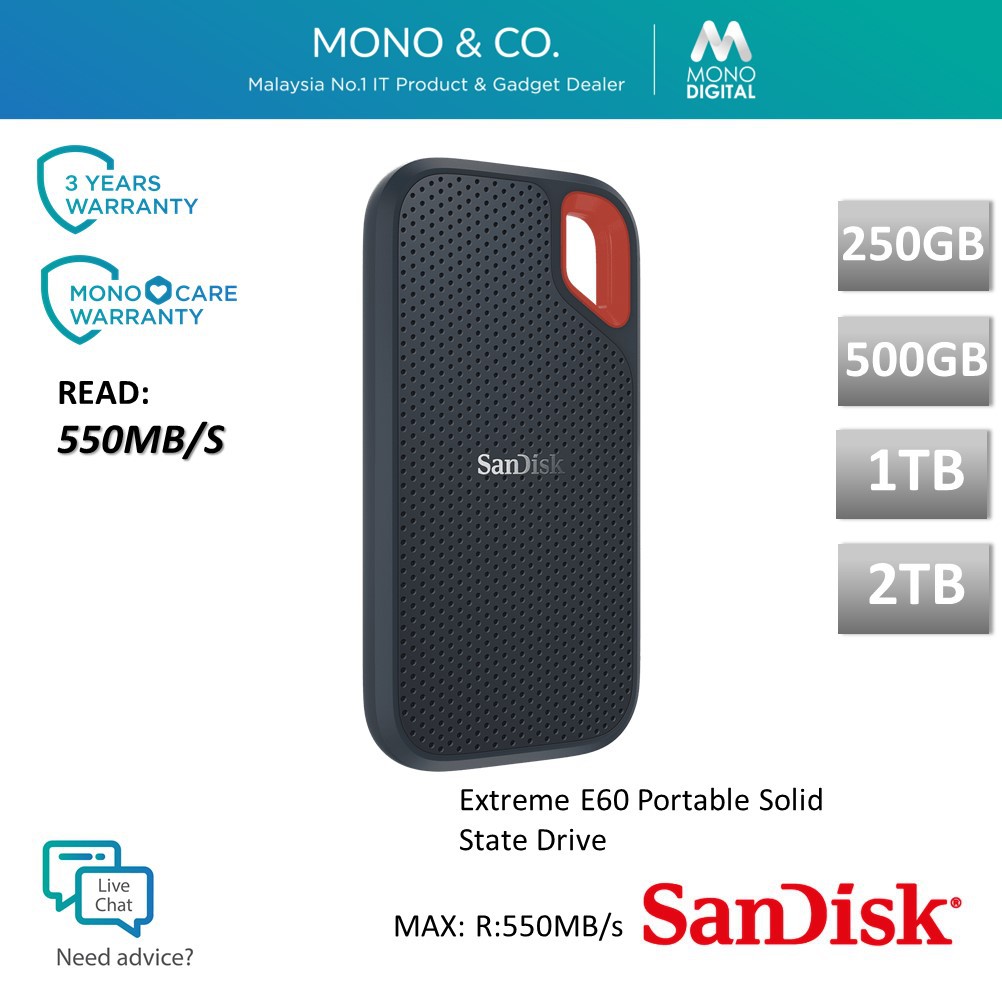 Sandisk External Ssd Extreme Portable E60 E61 Ssd Hard Disk 2tb 1tb 500gb 250gb Shopee Malaysia
