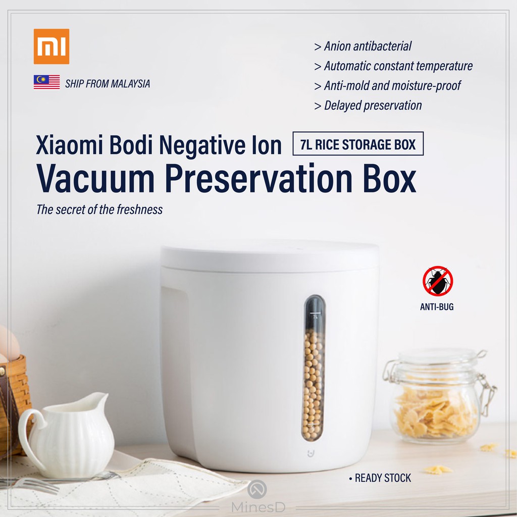 [Ready Stock]Xiaomi Bodi Smart Rice Storage box 7L/12L Negative Ion Vacuum Preservations Food Storage Box