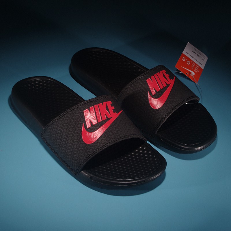 nike red and black slippers