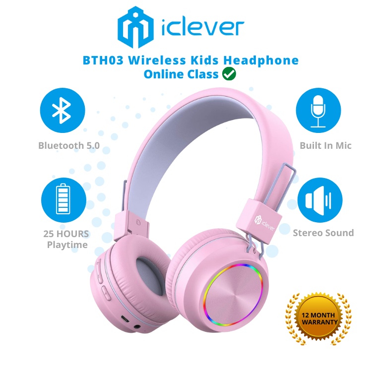 iClever BTH03 kids Headphone kids Wireless Bluetooth headfone Headset LED with mic alat dengar fon telinga girl gift