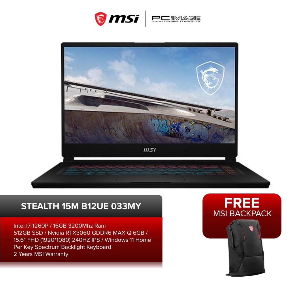 MSI Stealth 15M B12UE033MY I71260P16GB 3200MHZ512GB SSDRTX3060 MAX