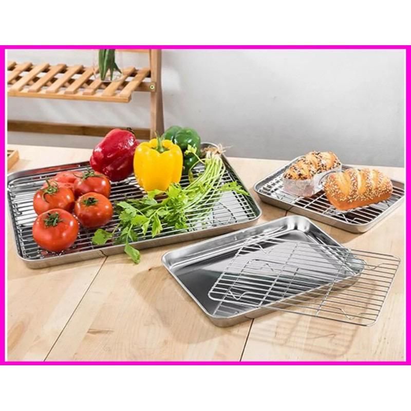Rectangle Stainless steel Baking Serving Tray & Rack Baking Tray Oven Tray BBQ Tray Shopee