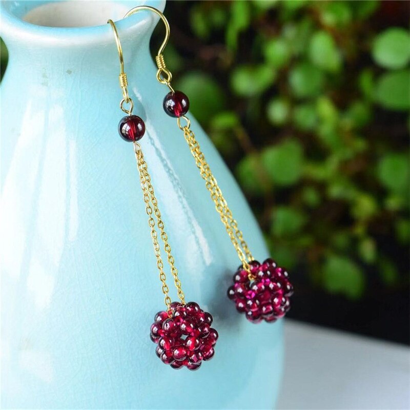Natural Garnet Ball Earrings Female Colorful Stones Ear drop Handmade Knitted Earings Ethnic Jewelry Gift_voghion.com