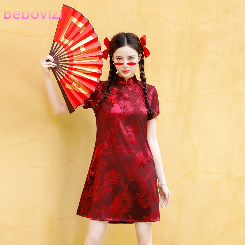 Chinese Style Retro Red Cheongsam 2022 New Traditional Qipao Dress Women Clothing Plus Size M-4XL