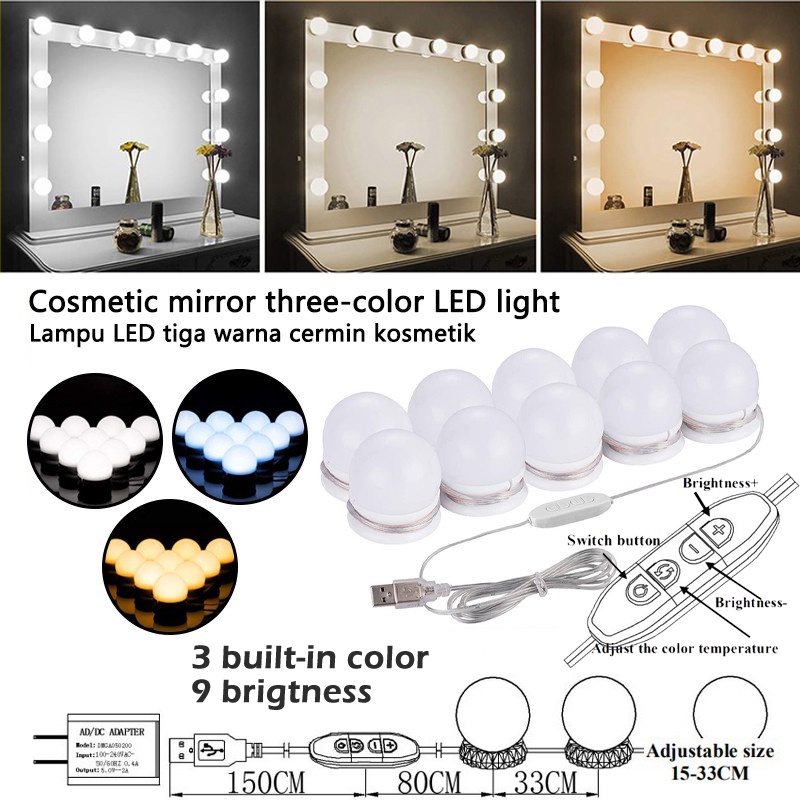 【10 LED】Vanity Mirror Light Hollywood Dressing Makeup Mirror Lamp Dimmable 3 Color USB Plug Lampu Cermin Solek 化妆灯泡 镜前灯