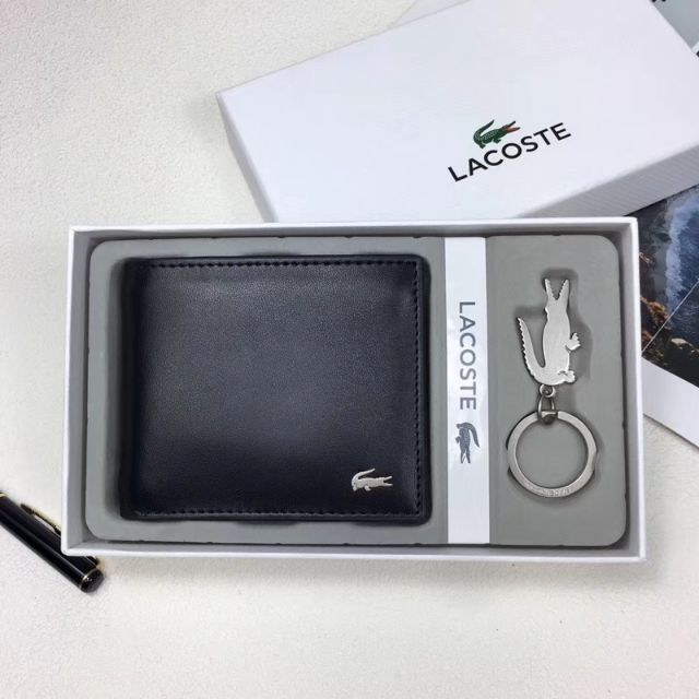 [New Arrival] Lacoste Black Leather Men Wallet with Keychain Set