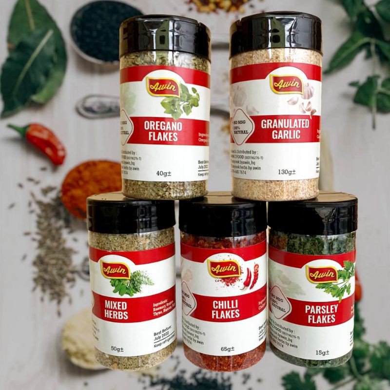 Parsley Flakes 15g, Oregano Flakes 40g, Mixed Herbs 50g, Chili Flakes
