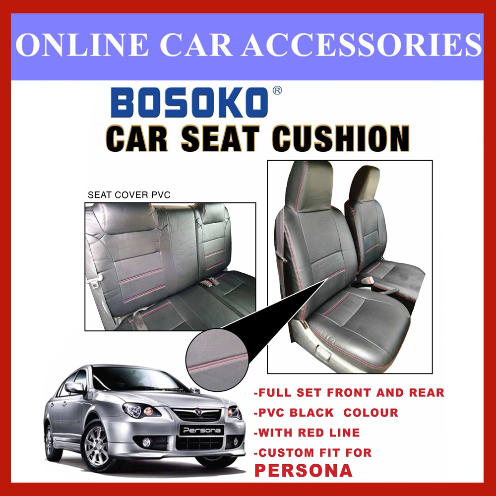 Proton Persona Elegance (Back Seat 4 Pcs) - Custom Fit OEM Car Seat Cushion Cover PVC Black Colour Shining With Red Line