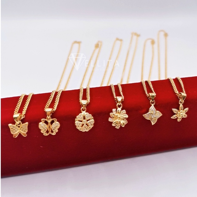 [VJ]Cop916 Necklace&Pendant "Elegant CZ" Set2in1 Adults/Kids 999.9 Gold Plated Necklace (Rantai Leher Permata)