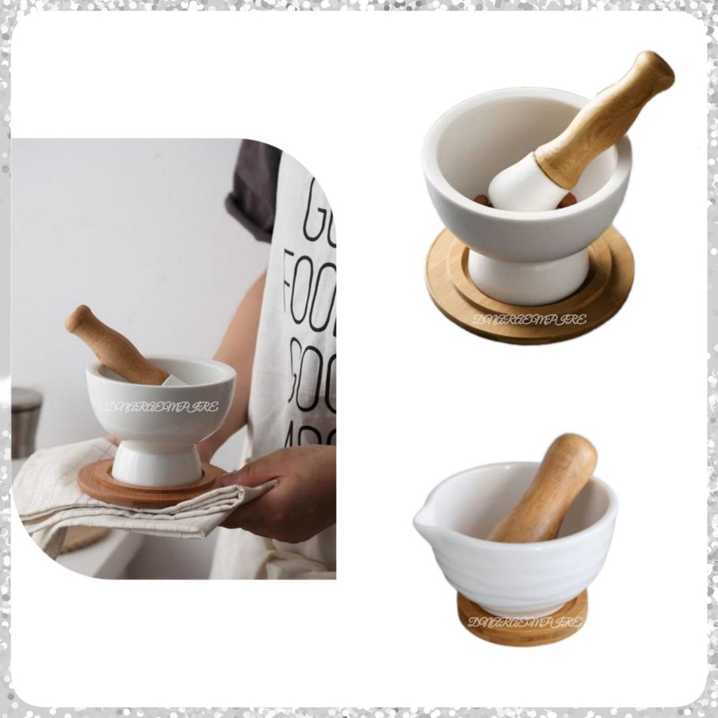 WHITE PORCELAIN CERAMIC MORTAR AND PESTLE SET SET LESUNG BATU SERAMIK
