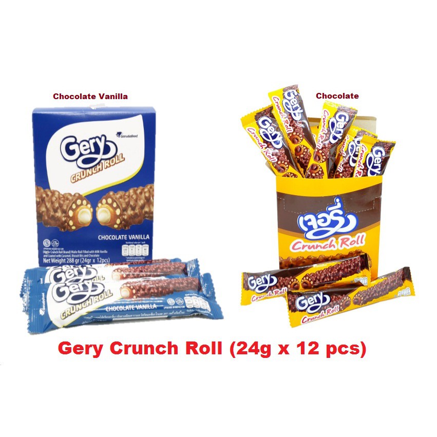 Gery Crunch Roll Wafer Roll With Caramel Chocolate Vanilla Chocolate 24g X 12 Pcs