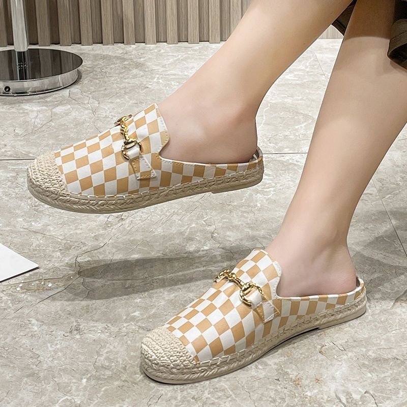Baotou loafers, women's shoes, fisherman shoes, one pedal, half drag, summer flat bottom ladies sandals and slippers, fashion checkerboard