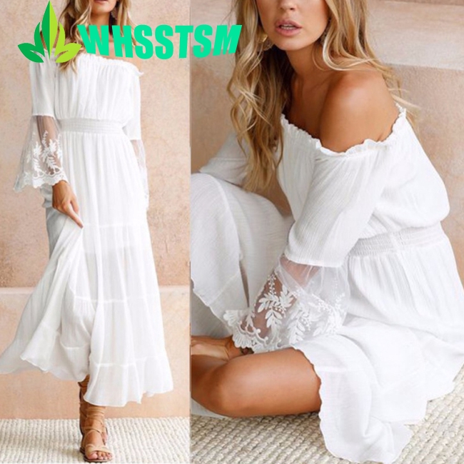 white boho off the shoulder maxi dress