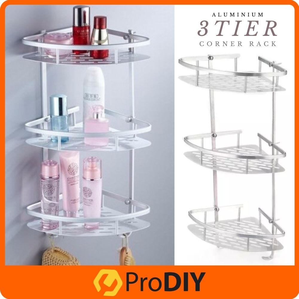 3 Tiers Aluminium Corner Rack Three Layer Kitchen Bathroom Shower Shelf Organizer Caddy Triangular With 2 Hooks - Silver