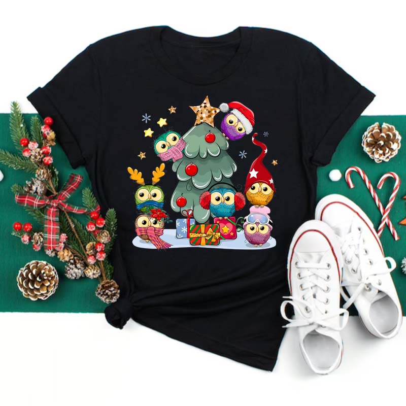 Cartoon Owls Print T-shirts Kawaii Women Tops Christmas Trees Graphic Clothing Fashion Harajuku Tees Hot Selling Female T Shirt