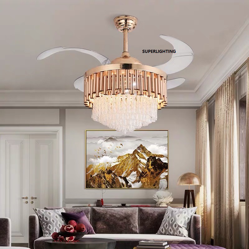 Gold Crystal Led 42 Inch Chandelier Ceiling Lights Living Room Dining Room Ceiling Fan Chandelier Fashion 8665