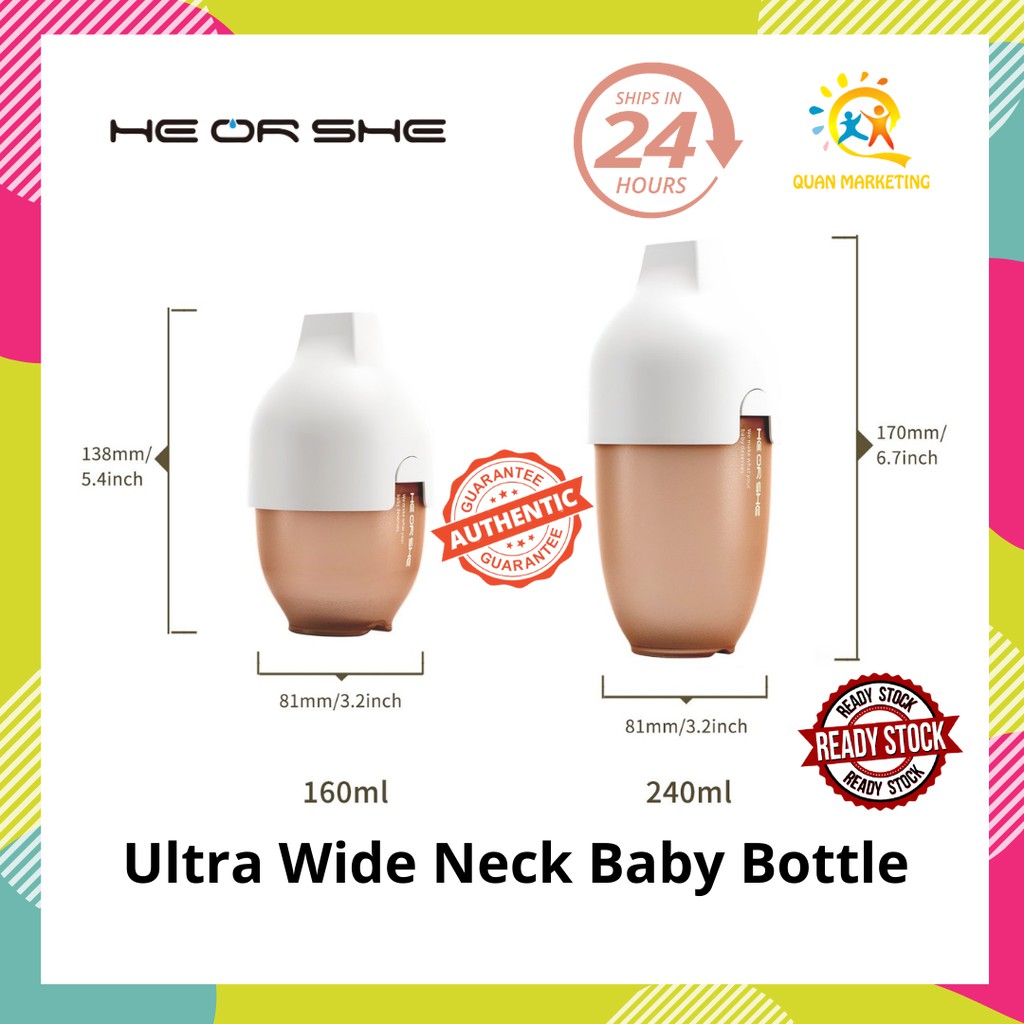 New Design He Or She Ultra Wide Neck Baby Bottle 6oz 8oz White Black Pink Grey