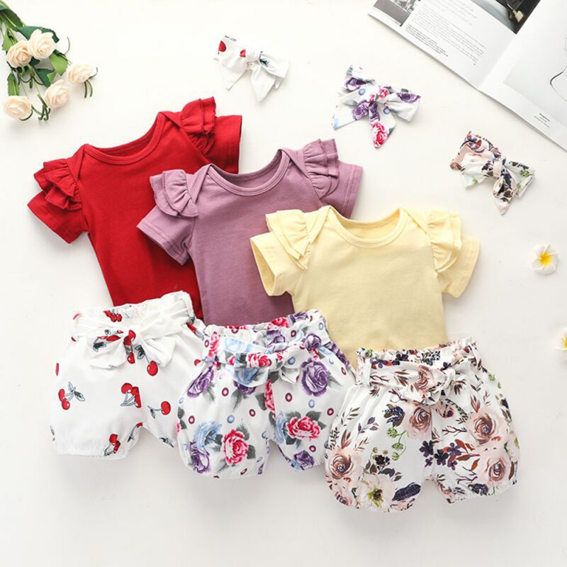 3Pc Newborn Baby Girl Clothes Short Sleeve Ruffled Romper Shirt Floral Shorts Pants Headband Outfit Set 