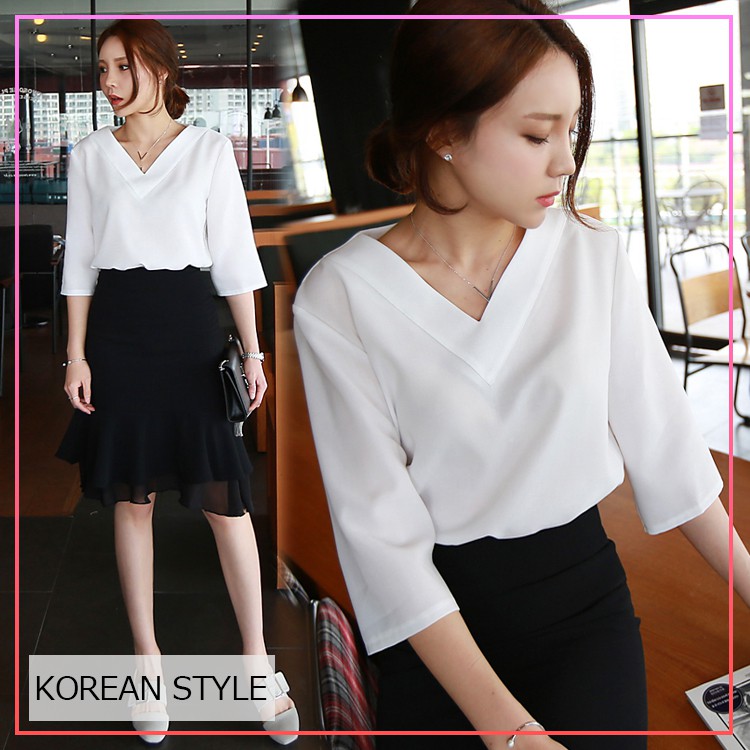 Women Korean Style Chiffon  Blouse  V Neck Baju  Plus Size 
