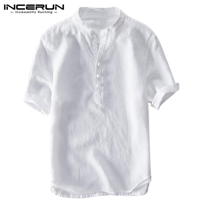 INCERUN Men Slim Fit Cotton Plain V Neck Short Sleeve Shirt