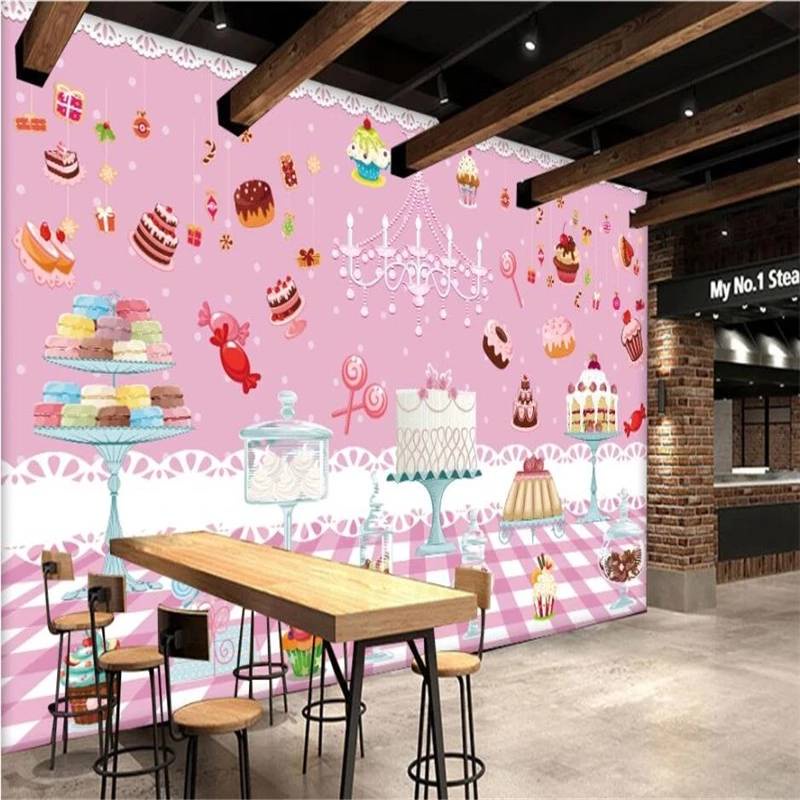 European Pink Cake Dessert Mural Wall Paper 3D Modern Coffee Dessert