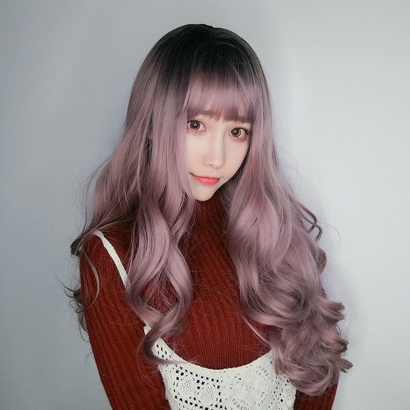 Japanese Air Bangs With Long Curly Hair And Long Wavy Pink Wig