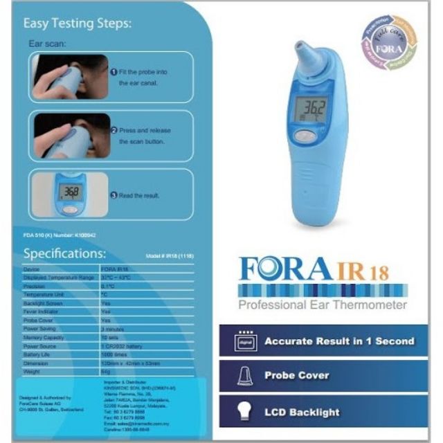 FORA IR18 Ear Thermometer Thermoscan + 20s Probe Covers (5 years