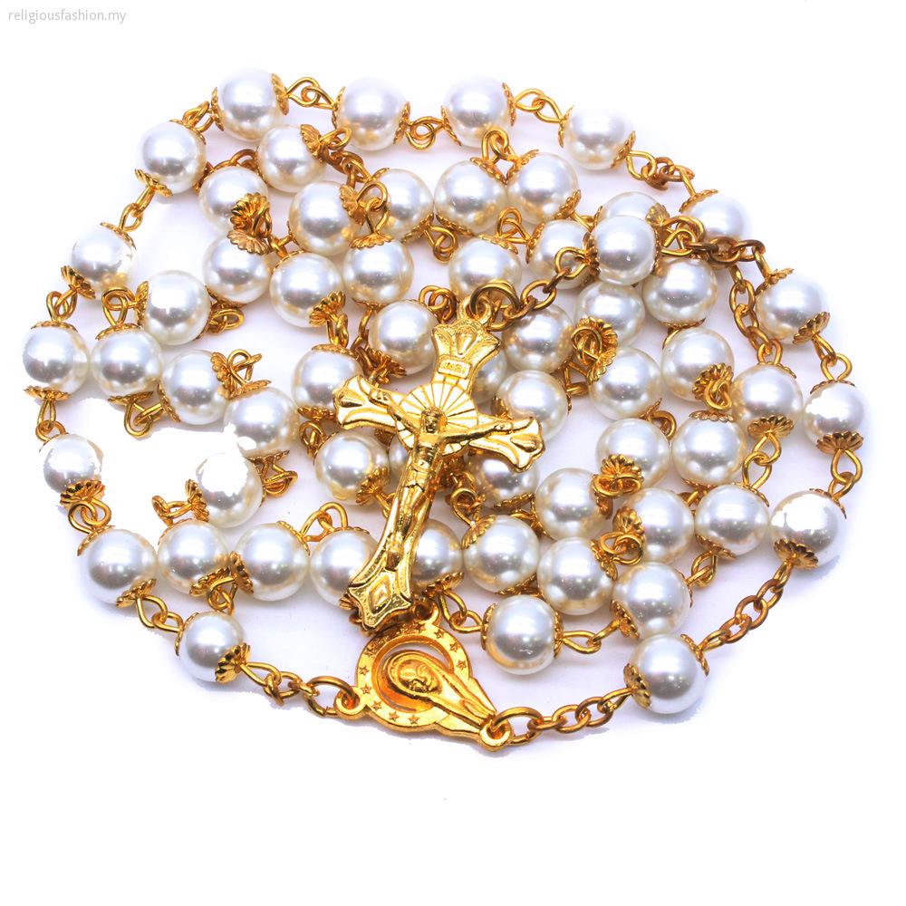 8mm Gold Pearl Rosary Necklace Jewelry Cross Catholic Religious Supplies