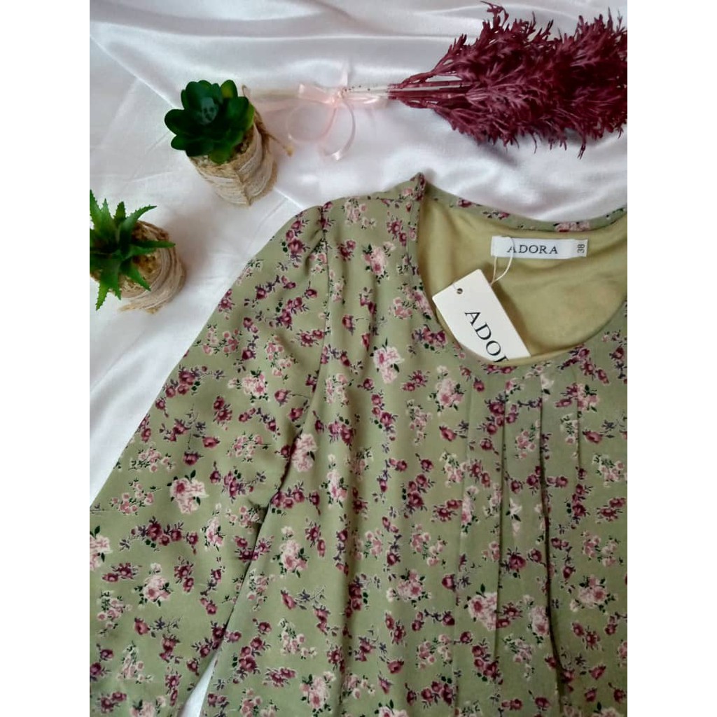 Rose Green Floral Chiffon Blouse Long Sleeve W Fully Lining (Adora ...