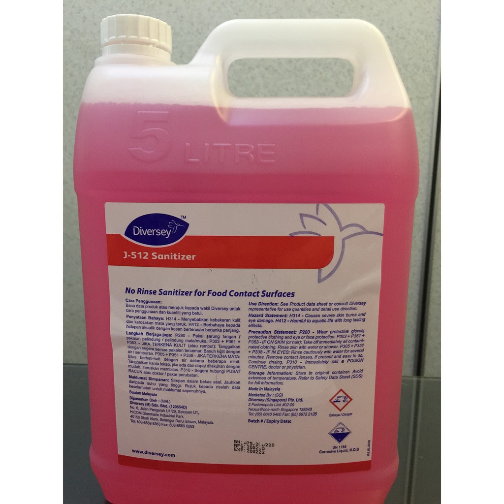 Diversey J512 No Rinse Sanitizer 5 Litres for Food Contact Surfaces