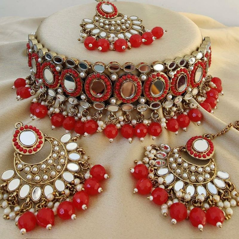 Gold Plated Beads Mirror Choker Necklace Set (readystock)