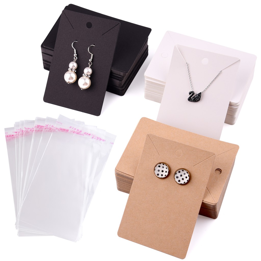 3 color earring display card 120 pcs earring card holder blank kraft paper  tags with self-seal bags